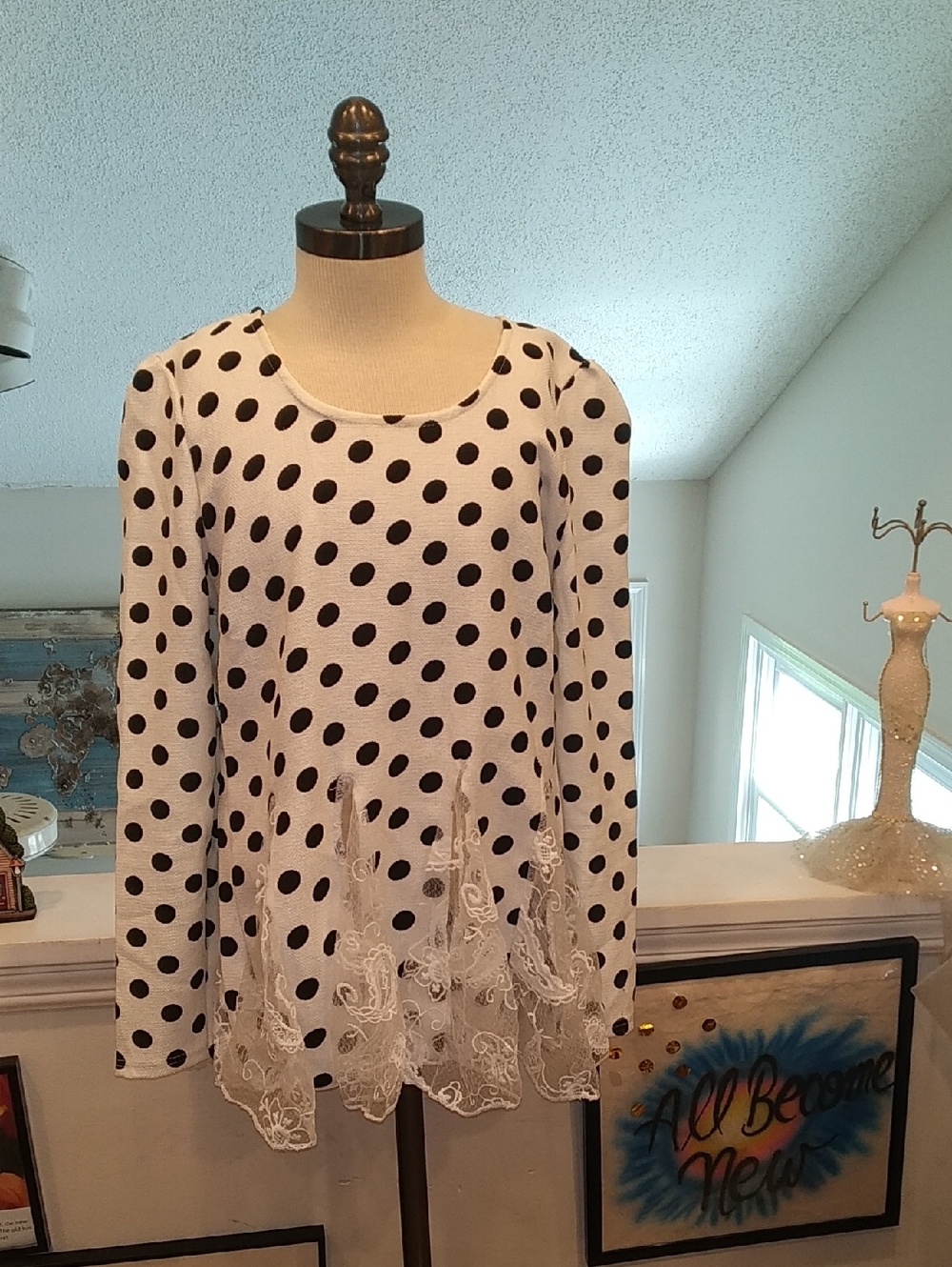 Women’s White Polka Dot Long-Sleeve Top with Lace Trim